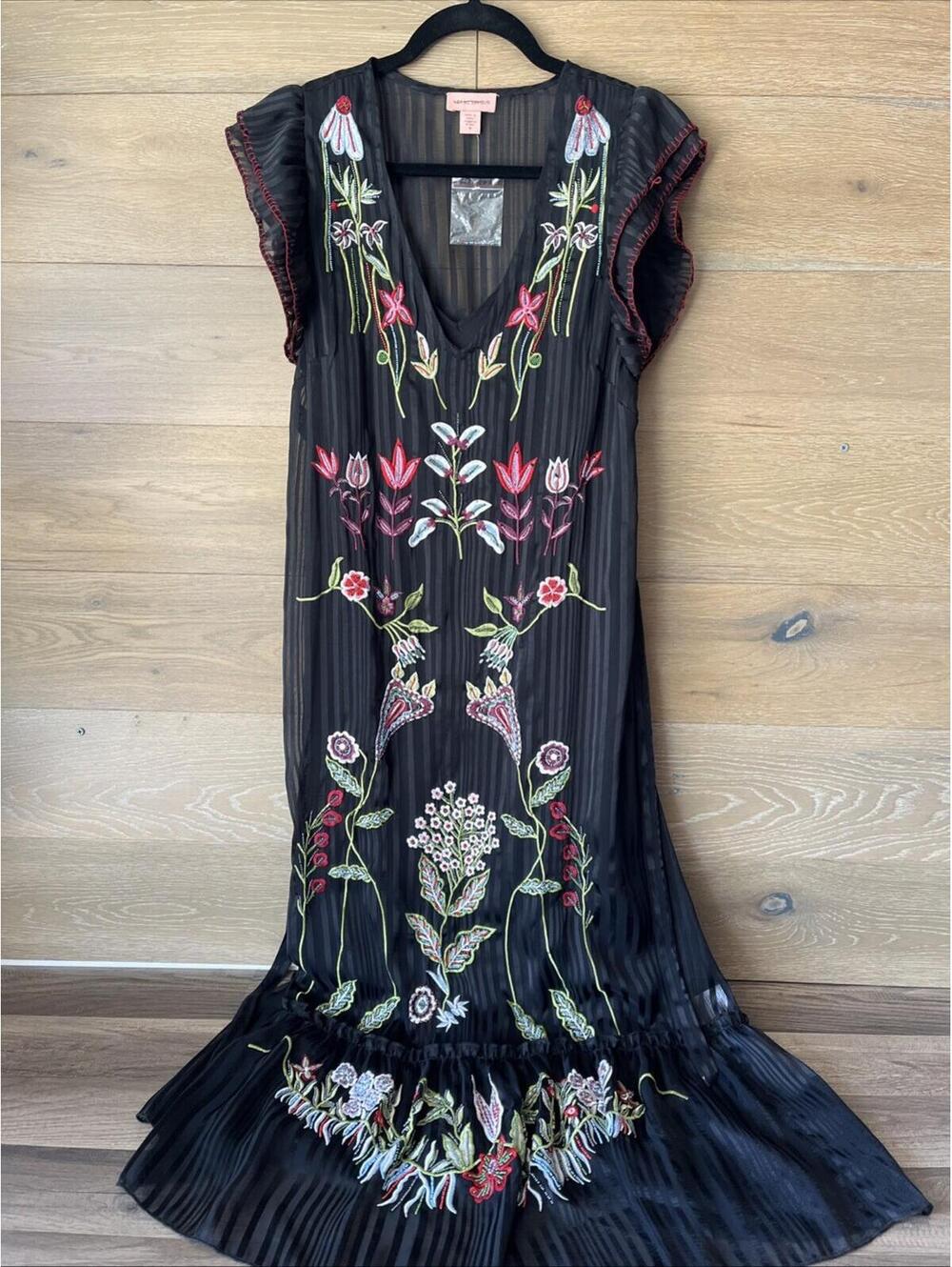 Anthropologie Not So Serious Corsica Beaded Embroidered Floral Black Dress Sz 6P - Picture 1 of 9